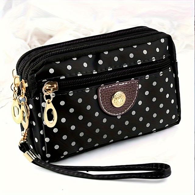 TEMU محفظة نايلون أنيقة بنقاط البولكا مع سوار للمعصم - محفظة أزياء نسائية مع سحابات متعددة، جيوب للعملات والمفاتيح، وحامل للهاتف