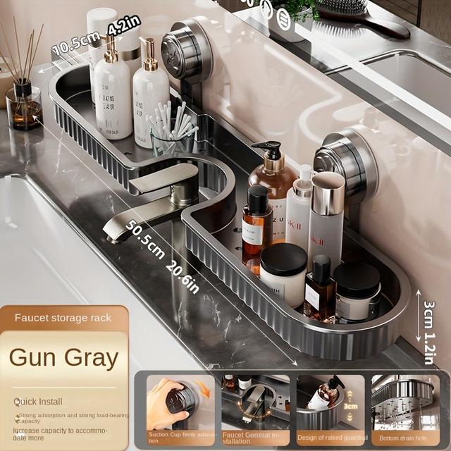 TEMU Suction Faucet Shelf For Bathroom Sink, Toilet, Bathroom, Hole-free Drip-proof Wall-mounted Cosmetic Storage