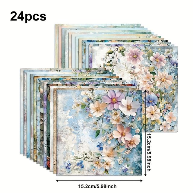TEMU 24pcs Pastel Beige And Light Blue Floral Scrapbook Paper Set With 24 For Diy, Journaling, Greeting Cards, Gift Wrapping, Home Decor Crafts & Art Collage