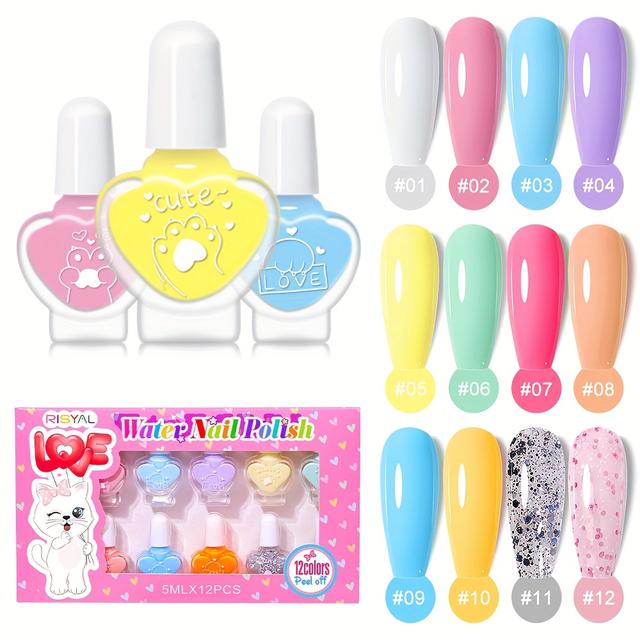 TEMU 5ml*12 Stück Niedliche Katzen-Cartoon-Macaron-Farben Glitzer-Nagellack, Einfarbiger Schimmer Nagellack Set, Wasserbasiert – Schnelltrocknend Geruchlos & Nagelschonend