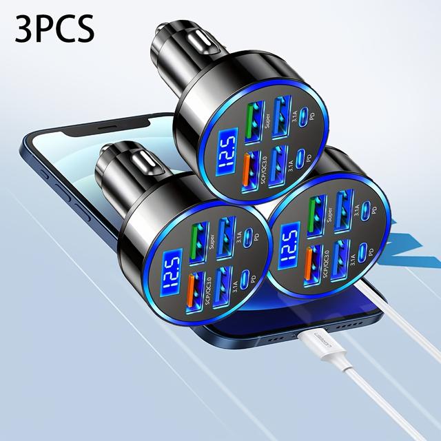 TEMU 3pcs-6 Car Charger With Dual Pd Ports, Led Voltage Monitor, 4 Usb Ports And 2 Type-c Multi Port Adapters, Suitable For Fast Charging On The Go - Automotive Accessories