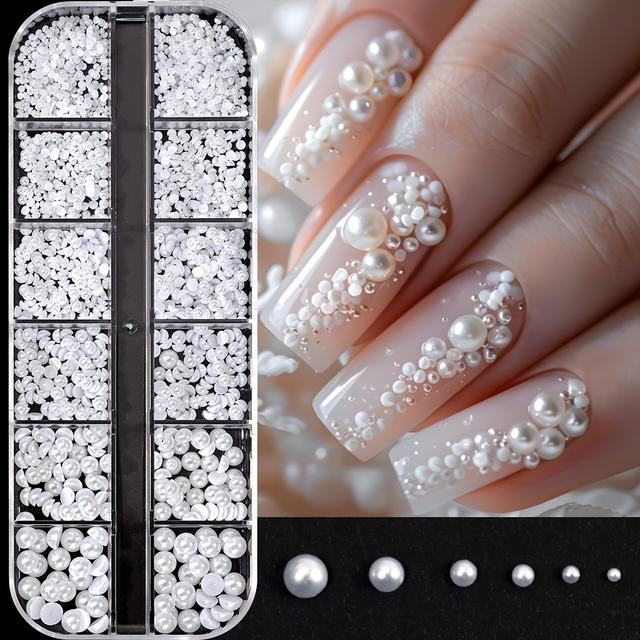 TEMU [12pcs White Half Round Pearl Nail Art Charms] 12pcs White Nail Art Charms, Half Round 3d Rhinestones, Low Allergy Mixed Sizes, Diy Nail Decoration Accessories