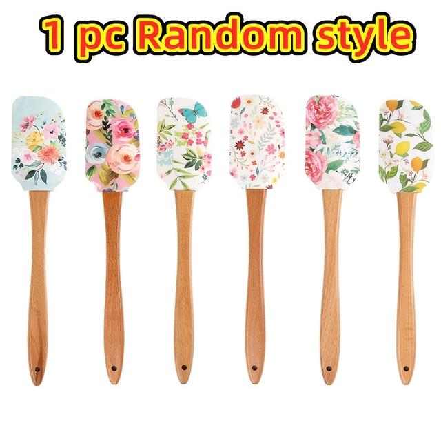 TEMU 1pc Silicone Spatula With Wooden Handle - Random Floral Printed Style, Flexible Baking Scraper For Cooking & Pastry Use