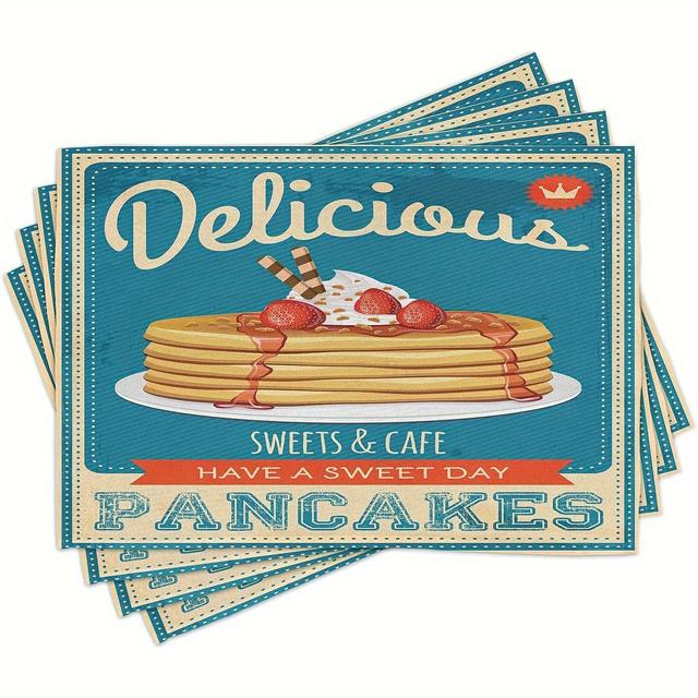 TEMU 4-팩 짜임 린넨 플레이스매트 - 맛있는 팬케이크 레트로 다이너 디자인, 기계 세척 가능, 직사각형 테이블 매트, 레스토랑 스타일 홈 다이닝 장식 - 12" x 18"