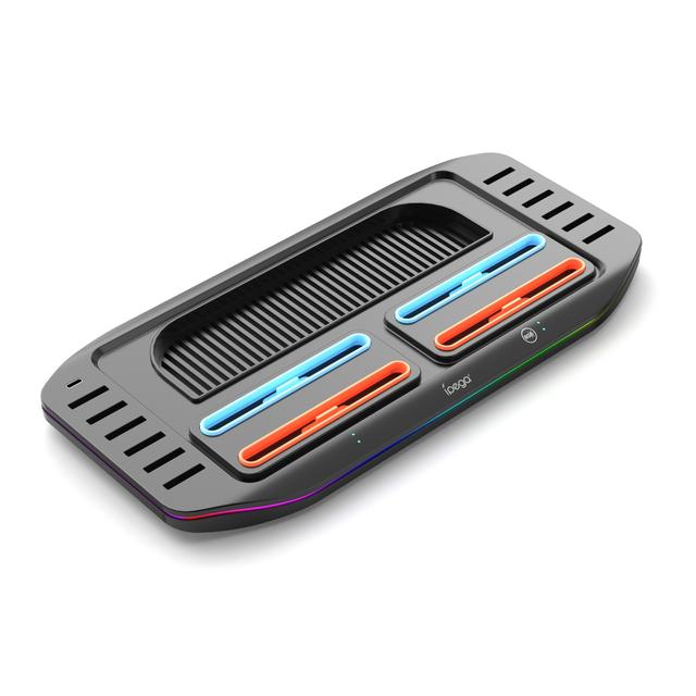 TEMU محطة شحن نينتندو سويتش 2 مع تخزين لـ12 بطاقة ألعاب، 9 أوضاع إضاءة RGB، محطة شحن مغناطيسية قابلة للتعليق لجهتي التحكم - كل في واحد