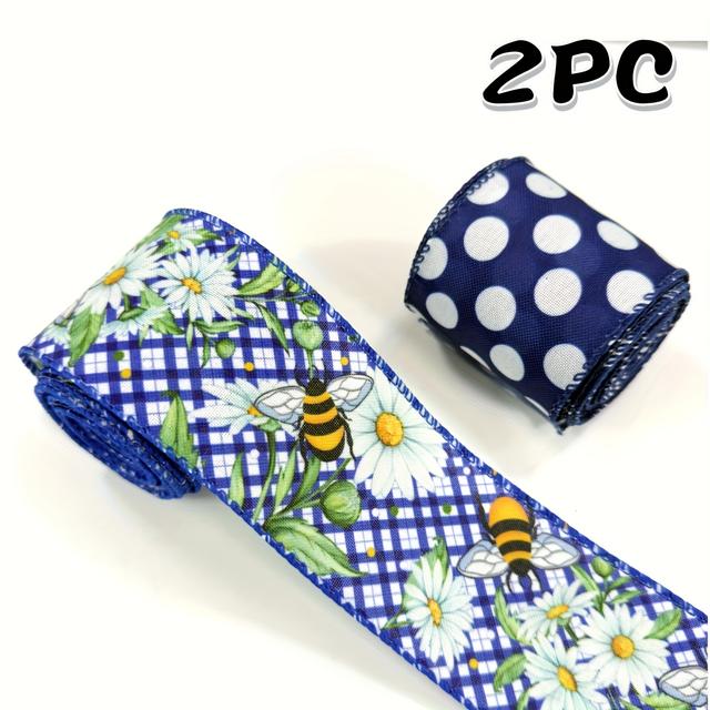 TEMU Floral Ribbon 2 Rolls 2.5 Inches, Floral And Bee Burlap Ribbon Gingham Polka Dot Print, For Spring Crafts Gift Wrapping Wreath Bow Decoration