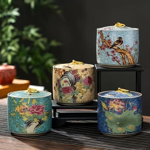 TEMU 4pcs Ceramic Tea Storage Jar Set, Decorative Bird And , Airtight Seal Canisters For Tea, Nuts, Coffee, And Office Kitchen Organizers