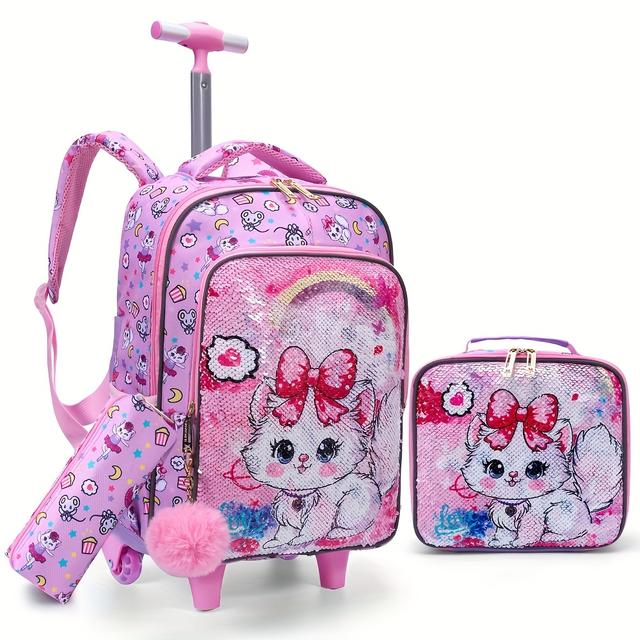 TEMU 3pcs Set Rolling Backpack For Girls - Cute Cartoon Cat Sequin Design Bookbag For Elementary Students, Kids Wheeled School Backpack With Handbag And Pencil Case, -the-dark Function - Pink