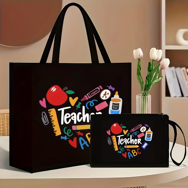 TEMU ชุดกระเป๋าถือแฟชั่น 2 ชิ้น, กระเป๋าโท้ท, ลายตัวอักษรครู, พิมพ์ลายสร้างสรรค์, กระเป๋าถืออเนกประสงค์ความจุขนาดใหญ่สำหรับใส่ของใช้ในชีวิตประจำวัน, กระเป๋าช้อปปิ้ง, , ของขวัญที่ดีที่สุด