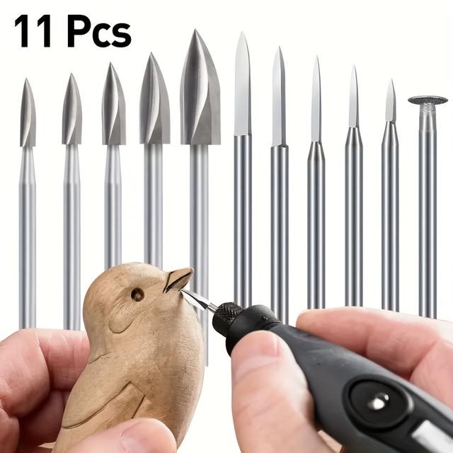 TEMU 11pcs 3mm Shank Engraving Drill Bits - Metal Woodworking Carving Knives With 11 Interchangeable Accessories For Intricate , & Hobbyist Projects