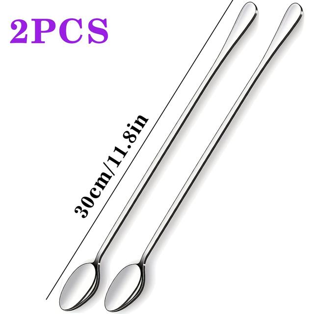 TEMU Set Of 2/4 Includes Long-handled Mixing Spoons, Iced Tea Spoons, Ice Cream Scoops, And Stainless Steel Drink Stirrers, Measuring 30cm/11.8 Inches, In Shiny Silvery Color, Dishwasher Safe