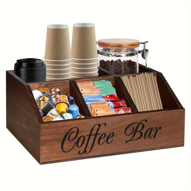 TEMU منظم محطة القهوة الخشبي الريفي للطاولة - سلة تخزين حامل كبسولات القهوة البني متعددة الأغراض مع أدراج وخطافات، مثالية لديكور بار القهوة والإكسسوارات، إكسسوارات محطة القهوة