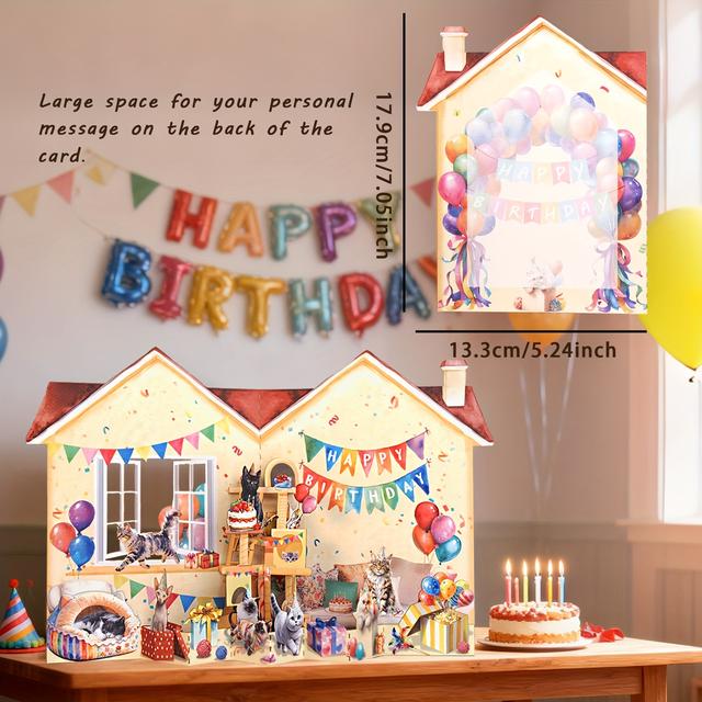 TEMU 1 tarjeta, Tarjeta de de Gato, Lindo Pop-Up de Gatitos 3D, Tarjeta de Feliz con Globos y Pastel, Ideal para Invitaciones de , Fiestas, Decoraciones para Navidad, , San Valentín
