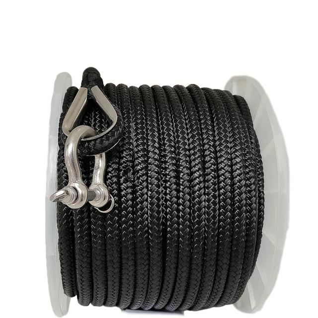 TEMU Black Nylon Braided Anchor Rope, 3/8" X 150ft With Split Ring - Durable & Uv-resistant For Secure , Rope For Tying Downs|vibrant Securing|durable Plastic Rope, Rope For Anchors