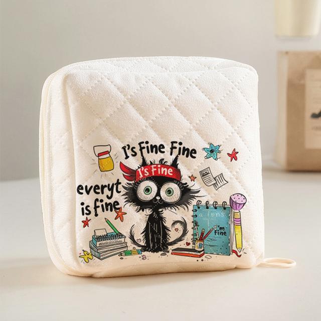 TEMU Estuche de almacenamiento sanitario portátil con de gato y cuadrícula, adecuado para auriculares y accesorios pequeños, bolsa de productos femeninos con cierre de cremallera