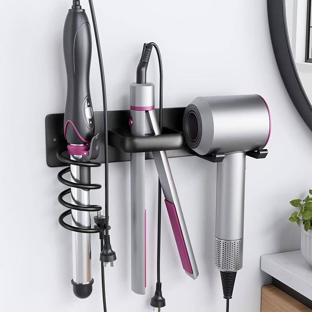 TEMU 1pc Multifunctional Wall-mounted Hairdryer Stand | Curling Iron And Straightening Iron Holder, Lacquered Finish, Bathroom Hairdressing Tool Organizing Rack Suitable For Hairdryer Storage, Shelves
