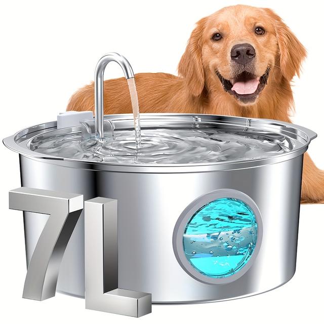 TEMU Bebedero Inteligente para Perros de Acero Inoxidable 304 de Gran Capacidad 7L, Bebedero Automático para Mascotas, Bebedero Silencioso para Perros y Gatos con Ventana, Enchufe 5V 1A, Sin Batería