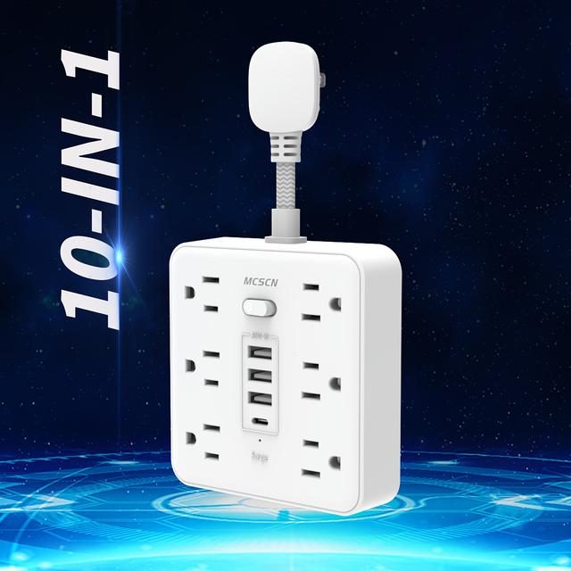 TEMU Flat Plug Protector Power Strip With Protection | 5ft/10ft Extension Cord | 6 Ac Outlets + 4 Usb Ports (1 Usb-c) | Smart Charging For Home Office, Dorm, Travel | 15a 1875w High- | New Arrival!