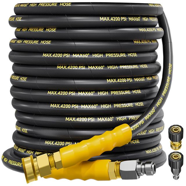 TEMU 50ft 4200psi Pressure Washer Hose With 3/8'' Swivel Quick Cold/hot Water, Kink Resistant Steel Wire Braided, Wear Resistant Power Washer Hose With 2 M22 14mm Adapter Set