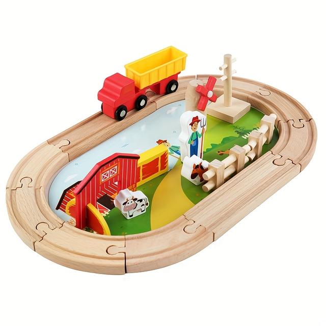 TEMU Wooden Train Track Toy Set Farm Diy Construction Kit - Wooden Tracks Educational Toys, Etc., Boys Girls Birthday-festival Gift