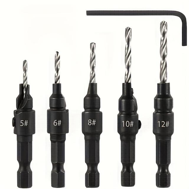 TEMU A Set Of Countersink Drill Bits, Featuring 5 Interchangeable Hss Drill Bits For Quick , Designed For Woodworking With An Adjustable Drilling Tool Kit For Countersink Holes