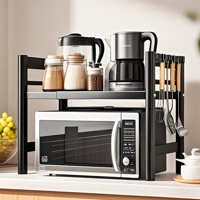 TEMU Erweiterbarer Mikrowellenständer mit 6 Haken, Erhöhtes Mikrowellengestell von 40-64 cm, Ovales Gewürzregal, Höhenverstellbar 32/42 cm