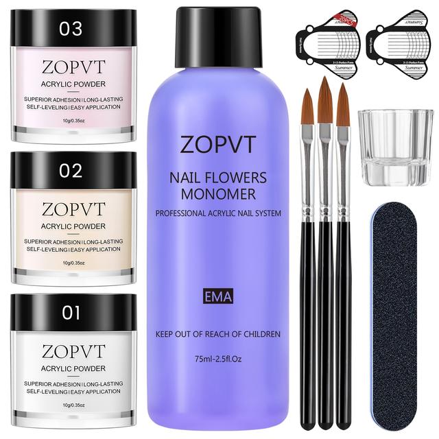 TEMU Acrylic Nail Set | 10g Of Nude, Pink, And Shades, 3 Powder Variants + 75ml Of Acrylic Solution | Sculpting Brush Tool Kit | Home Extension Set