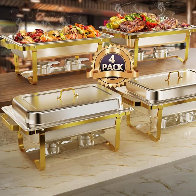 TEMU 2/4 Pack Plateaux de Buffet, Ensemble Chafing Dish 8QT Taille Complète en Acier Inoxydable Haut de Gamme avec Pinces Dorées, Chauffe-plats pour Fêtes, Non Utilisables à la Cuisson