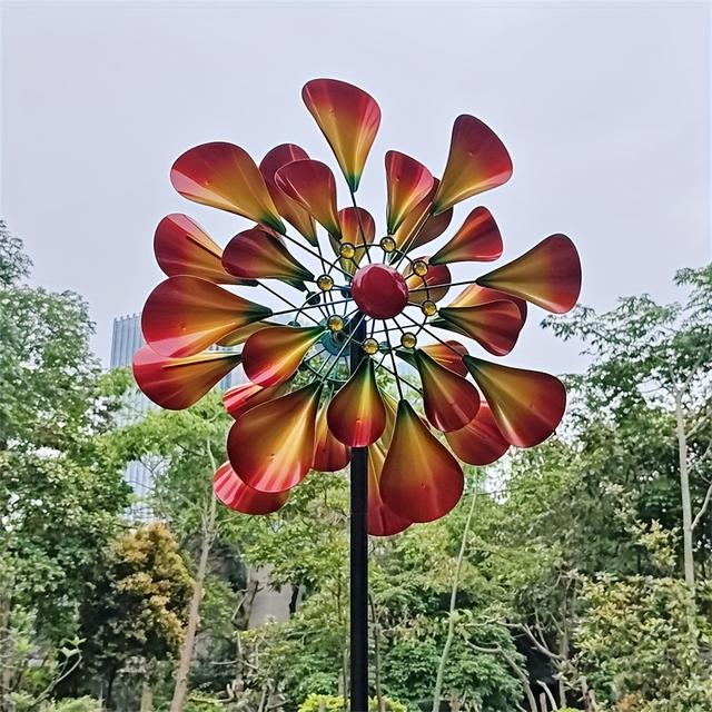 TEMU 메탈 360도 회전 풍차: 빨간색과 황금색 더블 혼 모양, 휴일 정원 실외 장식에 이상적