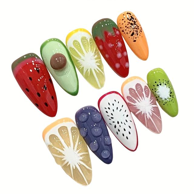 TEMU 10pcs 3d Fruit Pattern Long Almond-shaped Artificial Nails - Vibrant Mixed Colors, Glossy , & Comfortable Fake Nails For Women And Girls, Home Use