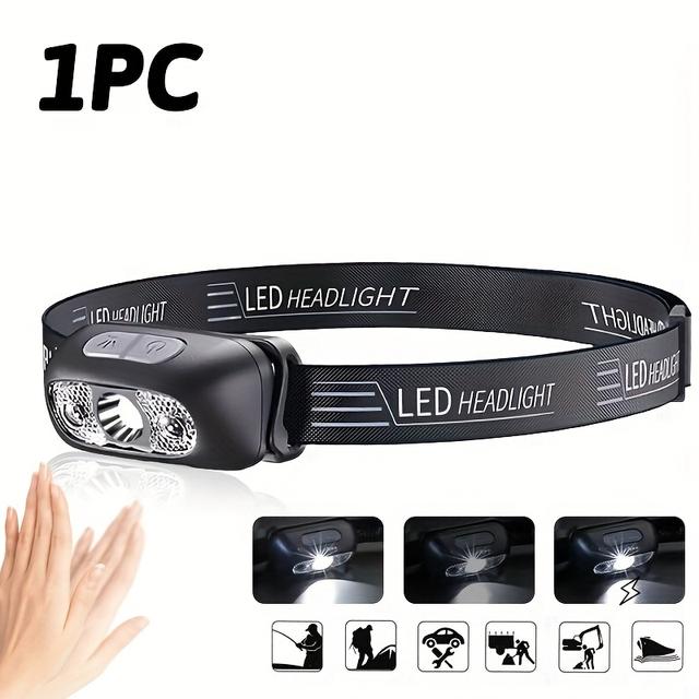 TEMU 1pc Led Usb Rechargeable Multi Functional Headlight, Lightweight Design Portable Handsfree Flashlight, Motion Sensing Hiking Headlamp, Adjustable Angle Bright Running Light