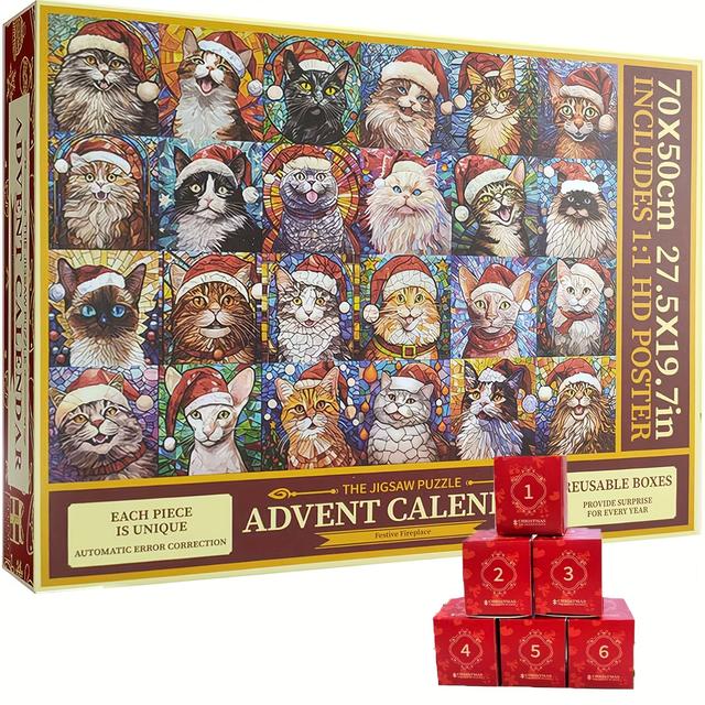 TEMU Advent Calendar Jigsaw Puzzle For Adults With 1000pcs, A 2024 Cat Mosaic Stained Glass Puzzle Countdown Calendar, Colorful Animal Christmas Puzzle For Home Decoration