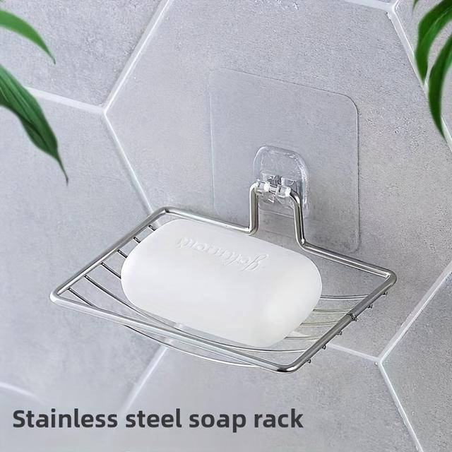 TEMU 1 шт. Нержавіюча мильниця, самоклейка настінна з отвором для стоку, квадратна антикорозійна полиця для ванної кімнати - Вага 500 г/1,1 фунта (1 шт.) Декор на Хелловін, Різдво