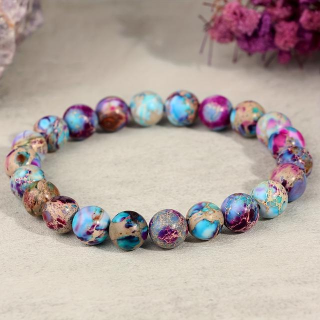 TEMU 1 db Természetes Kő Lila Üledék Jáspis Karkötő - 8 mm Kerek Gyöngyök Boho Bohém Női, Természetes Szemcsés Ásványi Minták, Karácsonyi Ajándék és Hétköznapi , Valódi Kő - Készség (Bevonat Nélkül)