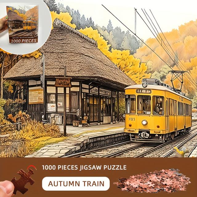 TEMU 1000pcs Autumn Train Jigsaw Puzzle - Vibrant Maple Forest Scene With , Large Cardboard Puzzle For Adults, Decor Or Gift For Christmas & Birthdays, Puzzle Accessories