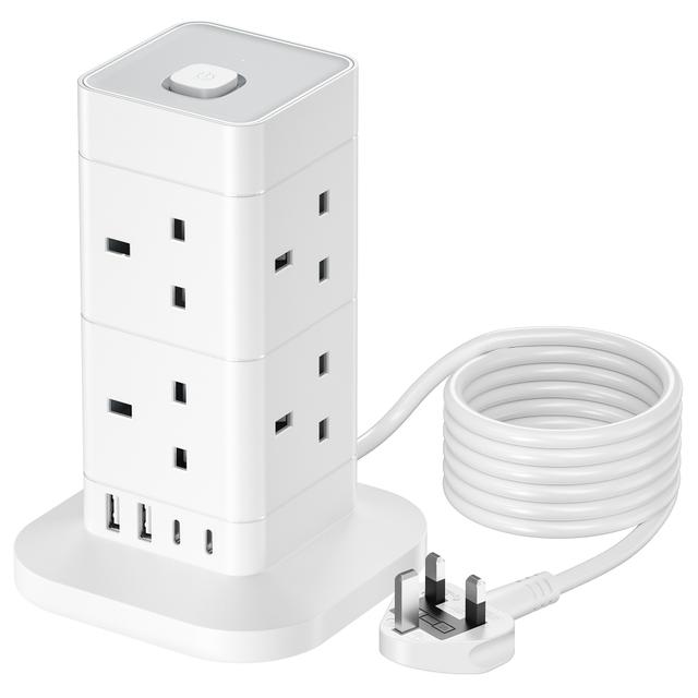TEMU Tower Extension Lead 2m//5m With Usb Slots, Hotimy 8 Way 4 Usb (2 Usb-a&2 Usb C) Multi Plug Extension Tower, Protected Extension Lead With Switch, Extension Cable For Home Office 13a 3250w