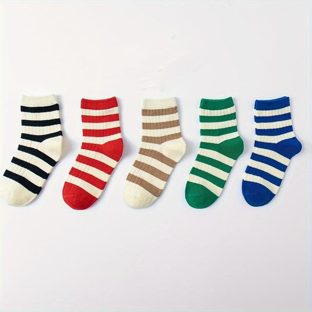 TEMU 5-pack Boys' Odor-resistant Socks With Colorful Striped Design - Breathable & Play Socks Suitable For Boys, - Hand Wash Only
