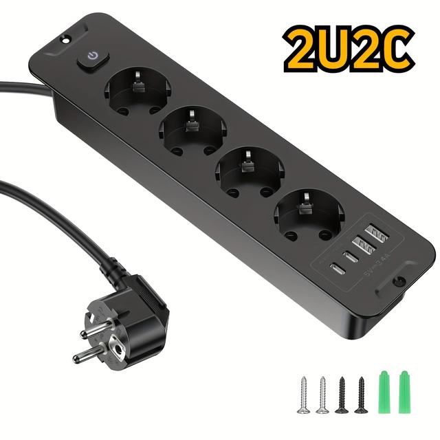 TEMU A Desktop Power Strip With A 2-meter Cable, Featuring 4 Retractable Outlets, 2 Usb-a Ports, And 2 Usb-c Ports, Equipped With A Switch, Kitchens, Offices, And Studies, In Black.
