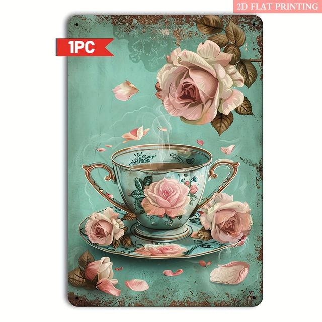 TEMU งานศิลปะติดผนังสไตล์วินเทจสำหรับงานเลี้ยงน้ำชารูปแบบ 2D - ป้ายโลหะพิมพ์แบน 8x12 นิ้ว ดีไซน์กาน้ำชารัสติกและกุหลาบ เหมาะสำหรับคาเฟ่ ร้านอาหาร ร้านเบเกอรี่ และเลานจ์ เหมาะสำหรับตกแต่งห้อง
