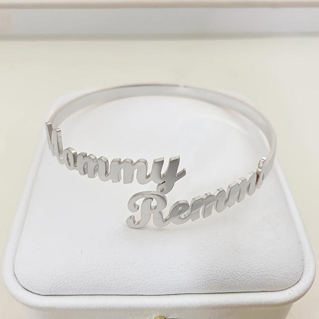 TEMU 1pc Elegant Customizable Stainless Steel Open Cuff Bracelet With Personalized Name, Adjustable Bangle For Women, Daily Wear, Unique Birthday Or Christmas Gift, Jewelry