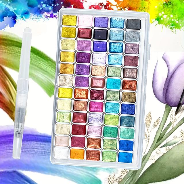 TEMU 60 Color Paint Set 60 Color Metallic Watercolor Paint Set With 1 Water Pen High Solid Portable Lightweight Starry Tone Ideal For Artists Professionals Painting Drawing Craft Holiday Gift