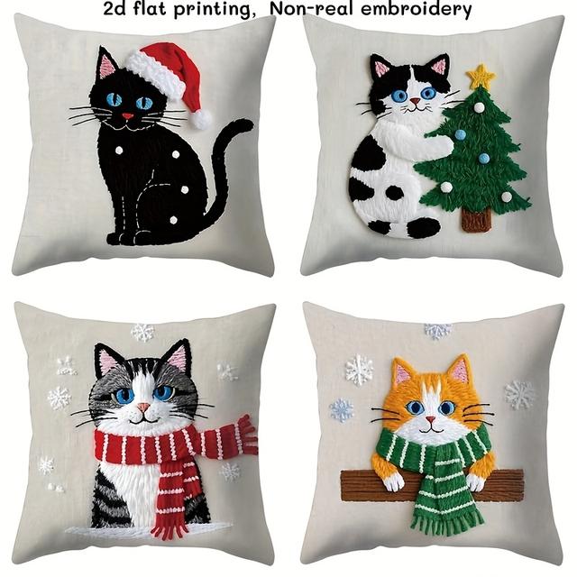 TEMU Juego de 4 fundas de cojín con diseño moderno y temática navideña de gatos bordados con sombreros festivos junto a un árbol. Tamaño: 17.7"X17.7". Perfectas para dar un .