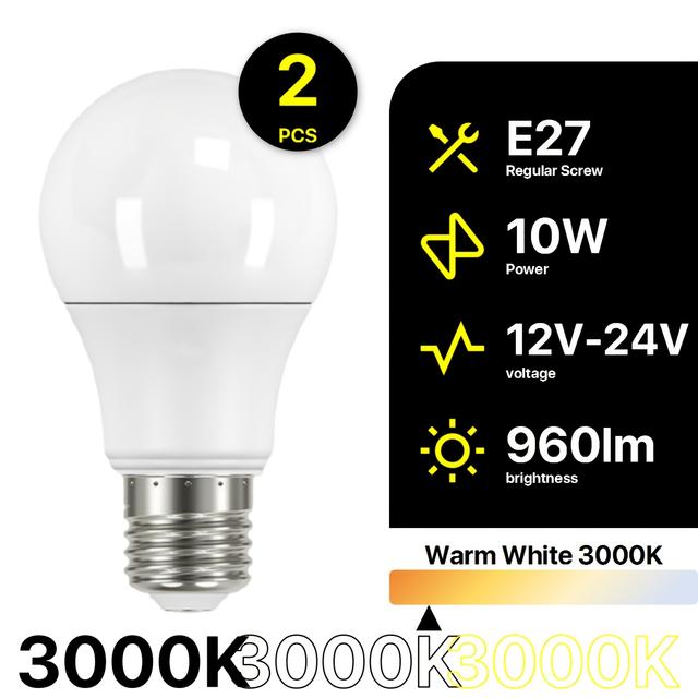 TEMU 2pcs 12v-24v Led Light Bulbs, A19/a60 Shape E27 Base 10w 960lm, 3000k/4000k/6500k Color Temperature Options, Energy-efficient For Boat Cabin Yacht Rv Off-grid