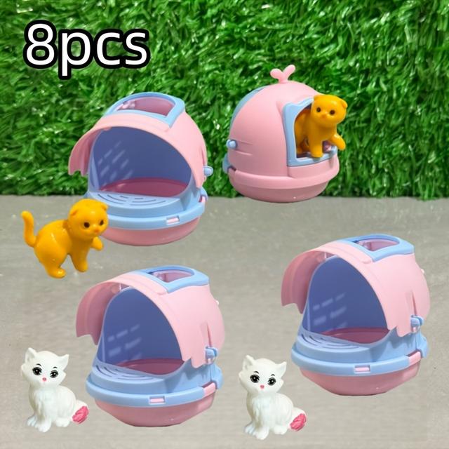 TEMU 8 ks Mini Kočičí Toaletní Sada pro Koťata - (4 Náhodné Modré/Růžové Toalety + 4 Náhodné Styly Koťat), Miniaturní Dekorační Sada Kočičí Toalety, Stolní Scénická Dekorace