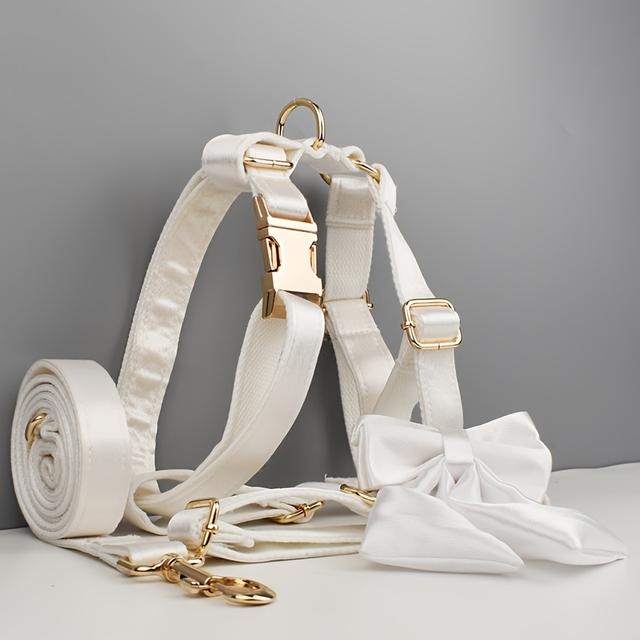 TEMU [Gepersonaliseerd] 4-delige Hondenhalsband en Riem Set met Strik Decoratie, Verstelbare Hondenhalsband, Hondenriem, Hondenvest, Zomer Ademend, Anti-Hitte