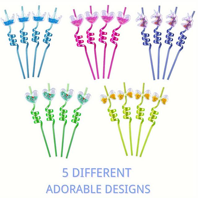 TEMU 20pcs Glitter Straws For Party Favors, Reusable Drinking Plastic Straws, Party Supplies Goodie Gift Bags, Heart Shaped For Girls Pool Birthday Party Decorations