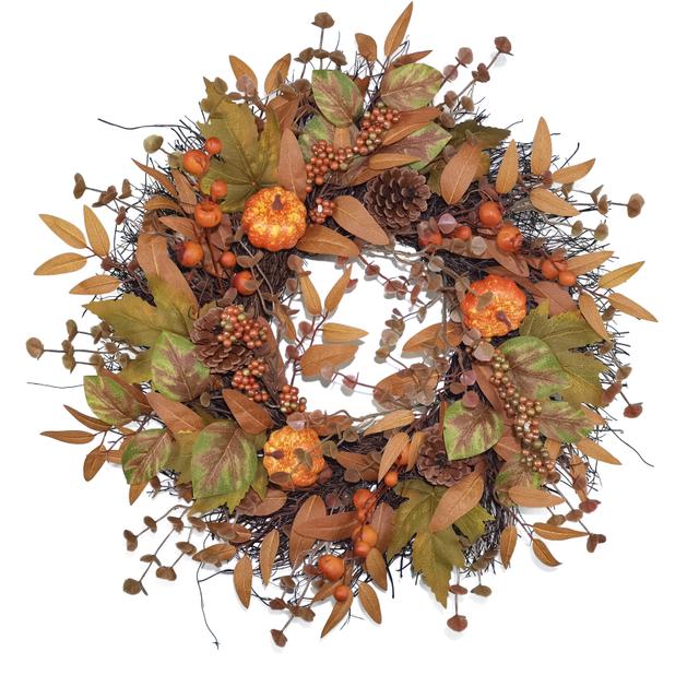 TEMU 1pc, 19.7" Classic Wreath For Front Door - Vibrant Pumpkin, & Pinecones, Halloween & Thanksgiving Decor, Easy-to-hang, No Power Required, Fall Decorations For Home