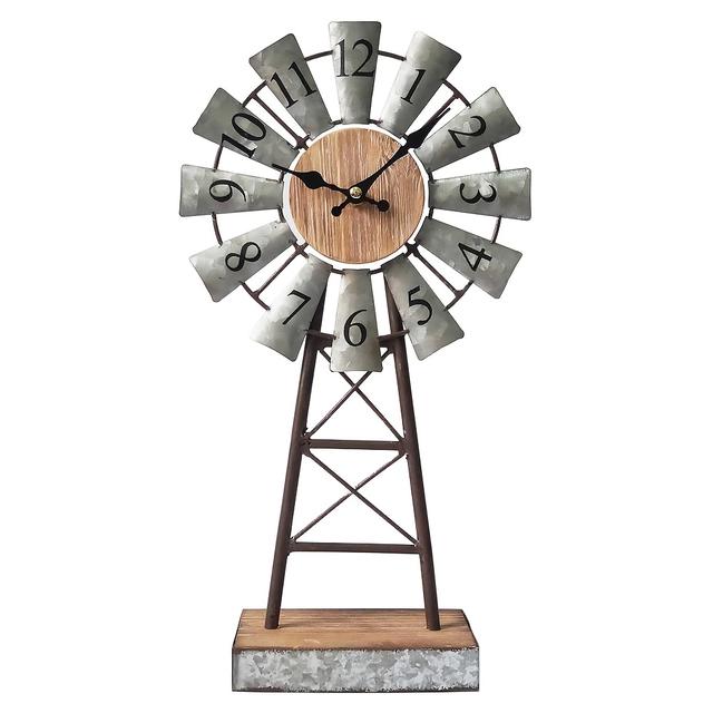 TEMU Windmill Desk Clock - 15, 75 Inch Galvanized Metal Table Clock With Blades, Small Decorative Mantel Clock, Battery Operated Rustic Farmhouse Clock For Tabletop & Shelf Decor
