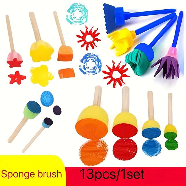 TEMU 13pcs Set Of Sponge Seal Brushes, Rollers, Scrubbing Tools For Graffiti Painting, Art Supplies, Diy Creative Doodle Kit, Round Acrylic Sponge Paintbrushes With Wooden Handles And Mushroom Heads