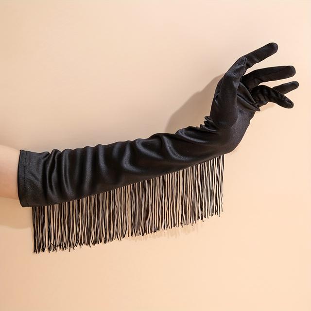 TEMU 1 Pair Elegant Long Tassel Fingerless Gloves - Stretchy Polyester Latin Dance Wedding Party Accessories With Flowing Fringe, Solid Color For Special Occasions